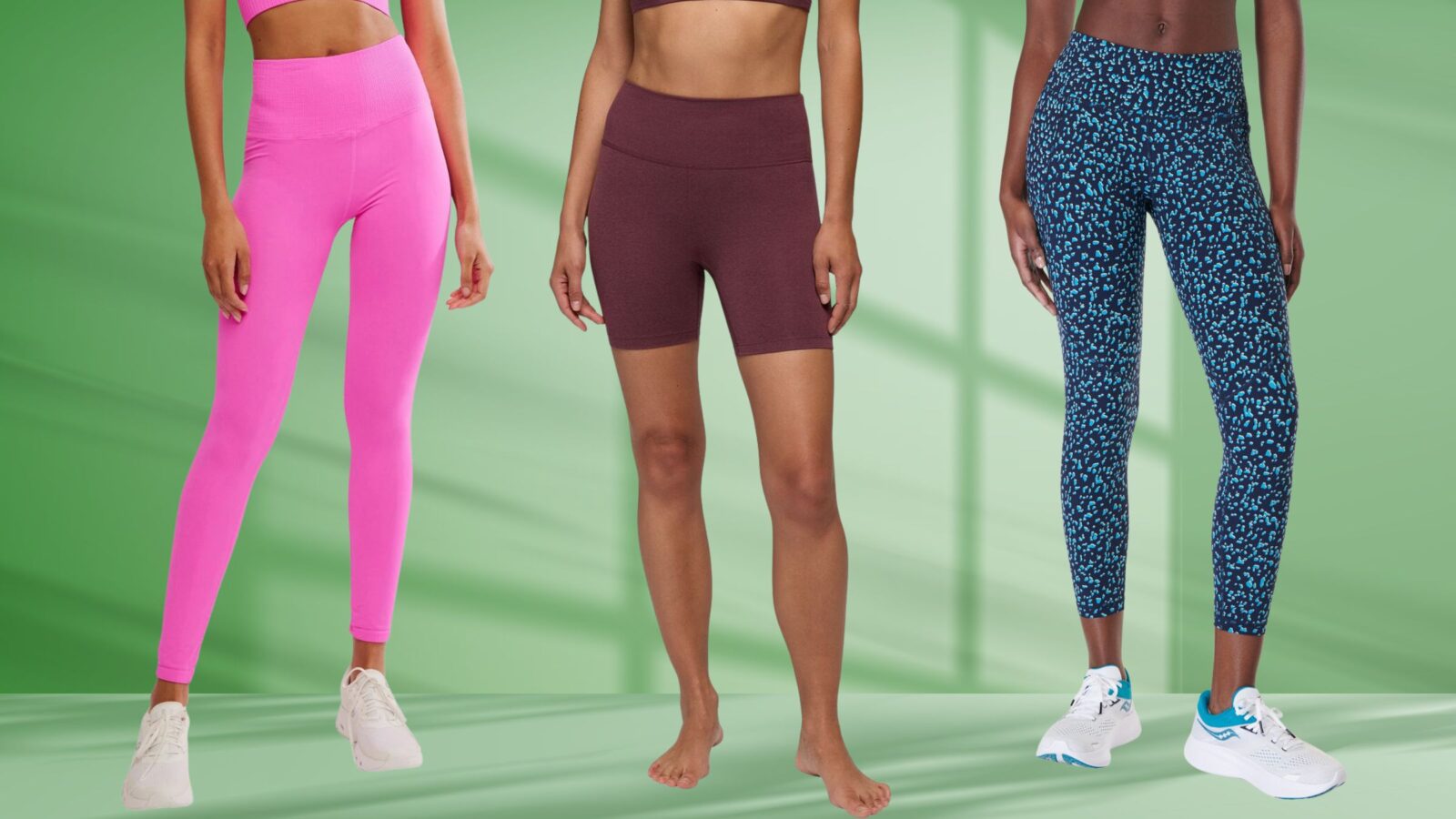 Models wearing multi-colored yoga pants.