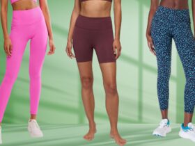 Models wearing multi-colored yoga pants.