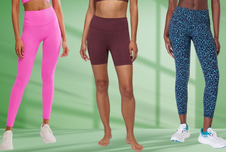 Models wearing multi-colored yoga pants.