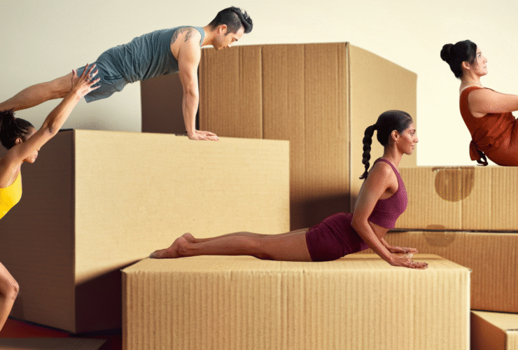 Four people demonstrating yoga for strength against a backdrop of boxes