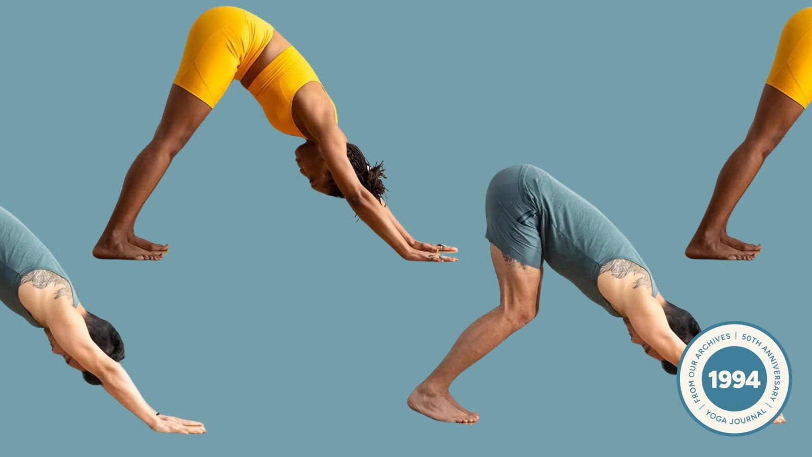 A man and a woman in variations of Downward-Facing Dog