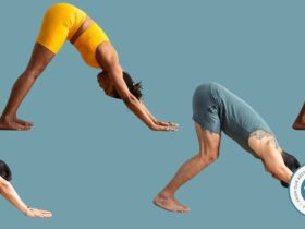 A man and a woman in variations of Downward-Facing Dog