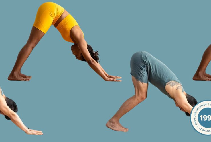 A man and a woman in variations of Downward-Facing Dog