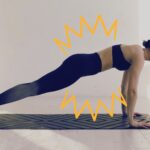 Woman practicing Plank with zig zag lines around her core, indicating shaking in yoga.