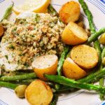 Lemony almond crumbed cod & potato traybake