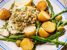 Lemony almond crumbed cod & potato traybake