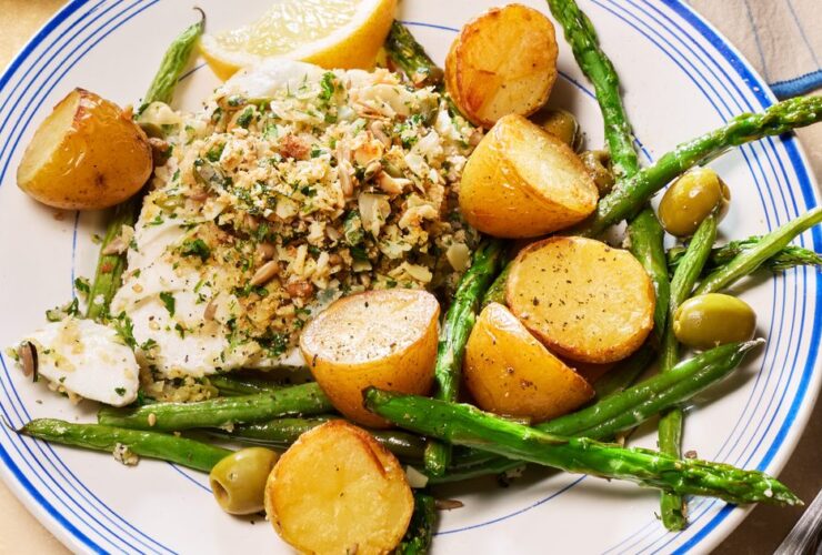 Lemony almond crumbed cod & potato traybake