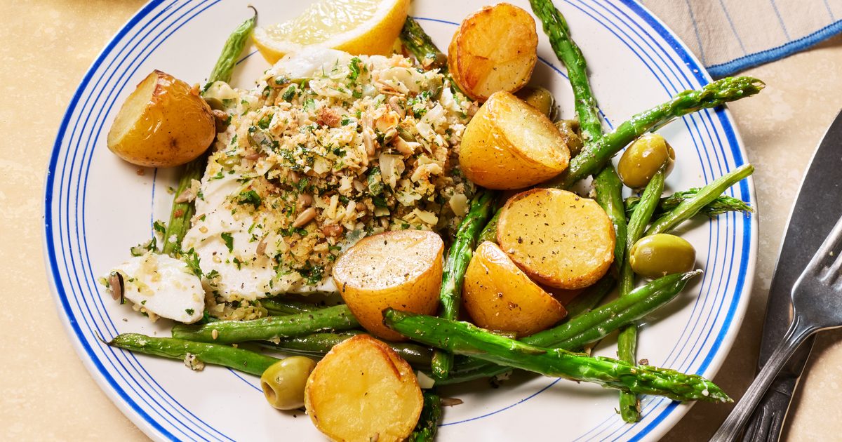 Lemony almond crumbed cod & potato traybake