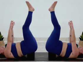 Yoga teacher Taylor Lorenz in Supported Waterfall, part of her yoga practice for when you're feeling overstimulated