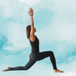 Woman kneeling in a yoga pose against a blue watercolor background
