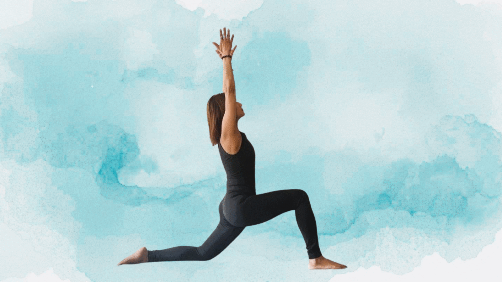 Woman kneeling in a yoga pose against a blue watercolor background