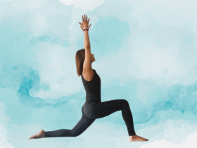 Woman kneeling in a yoga pose against a blue watercolor background