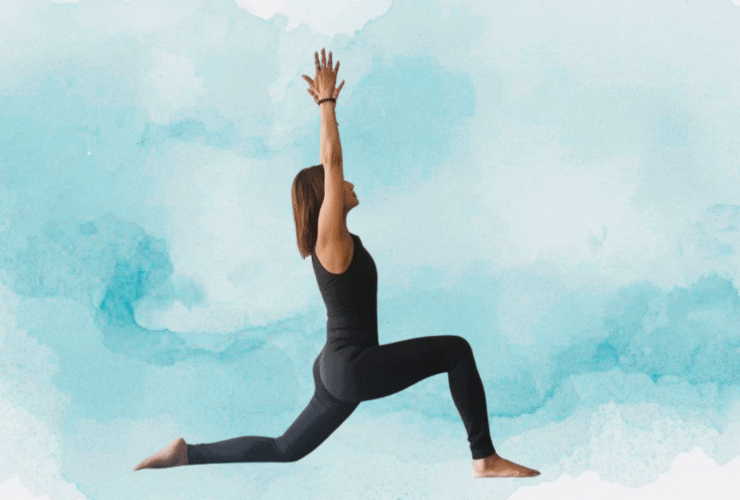 Woman kneeling in a yoga pose against a blue watercolor background