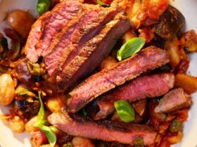 Smoky steak with caponata butterbeans recipe