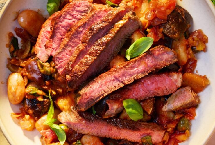 Smoky steak with caponata butterbeans recipe