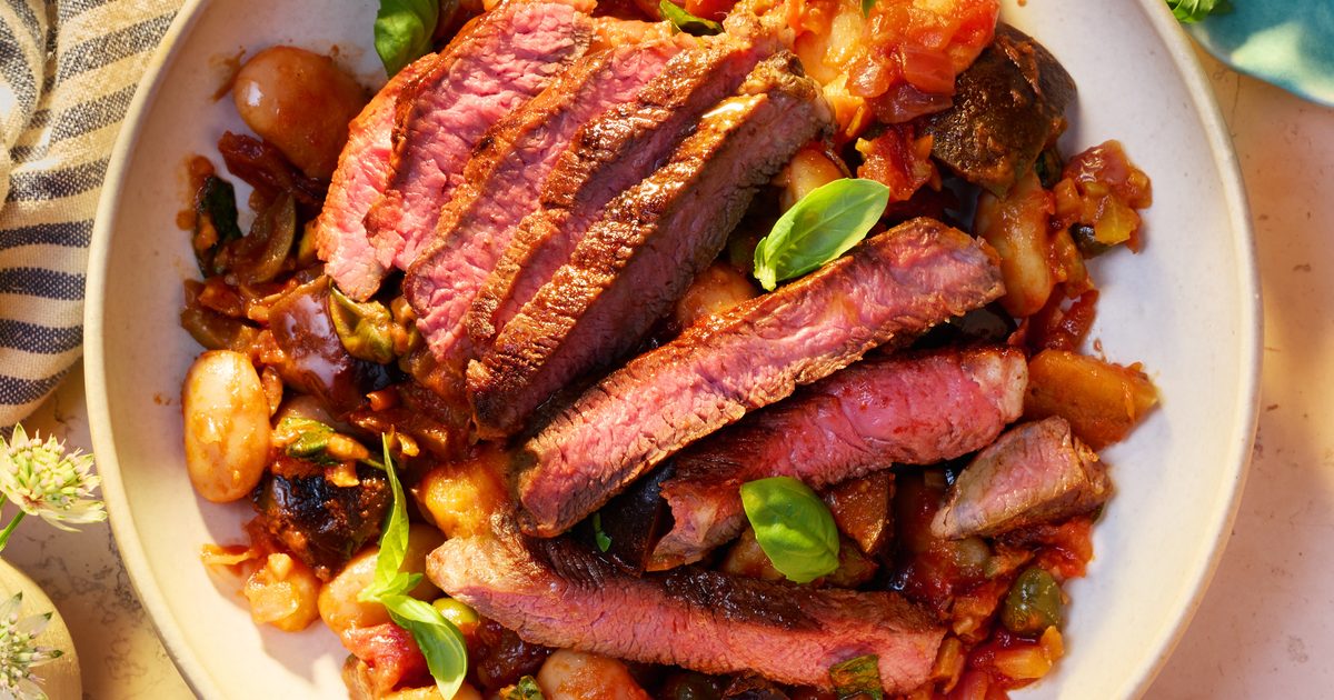 Smoky steak with caponata butterbeans recipe