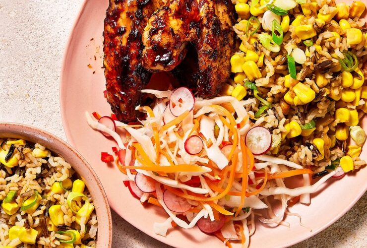 Sticky chicken wings with pickled slaw & corn salad recipe