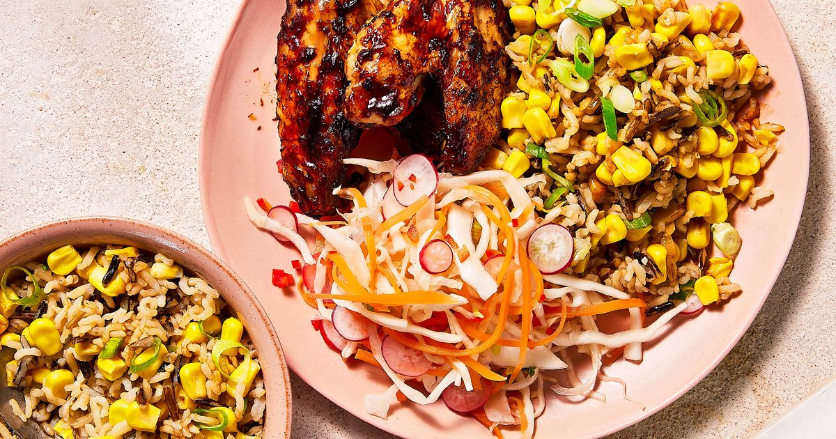 Sticky chicken wings with pickled slaw & corn salad recipe