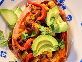 Sweet potato jackets with smoky black bean & peanut butter chilli recipe