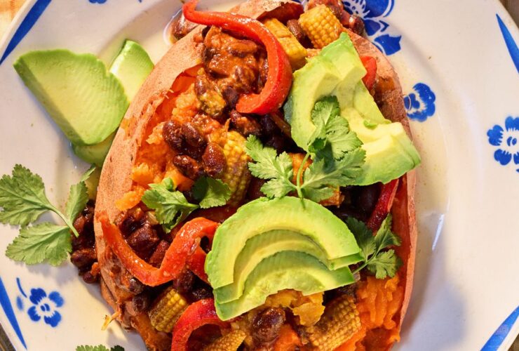 Sweet potato jackets with smoky black bean & peanut butter chilli recipe