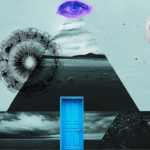 Collage of a pyramid and a door and zodiac and Moon