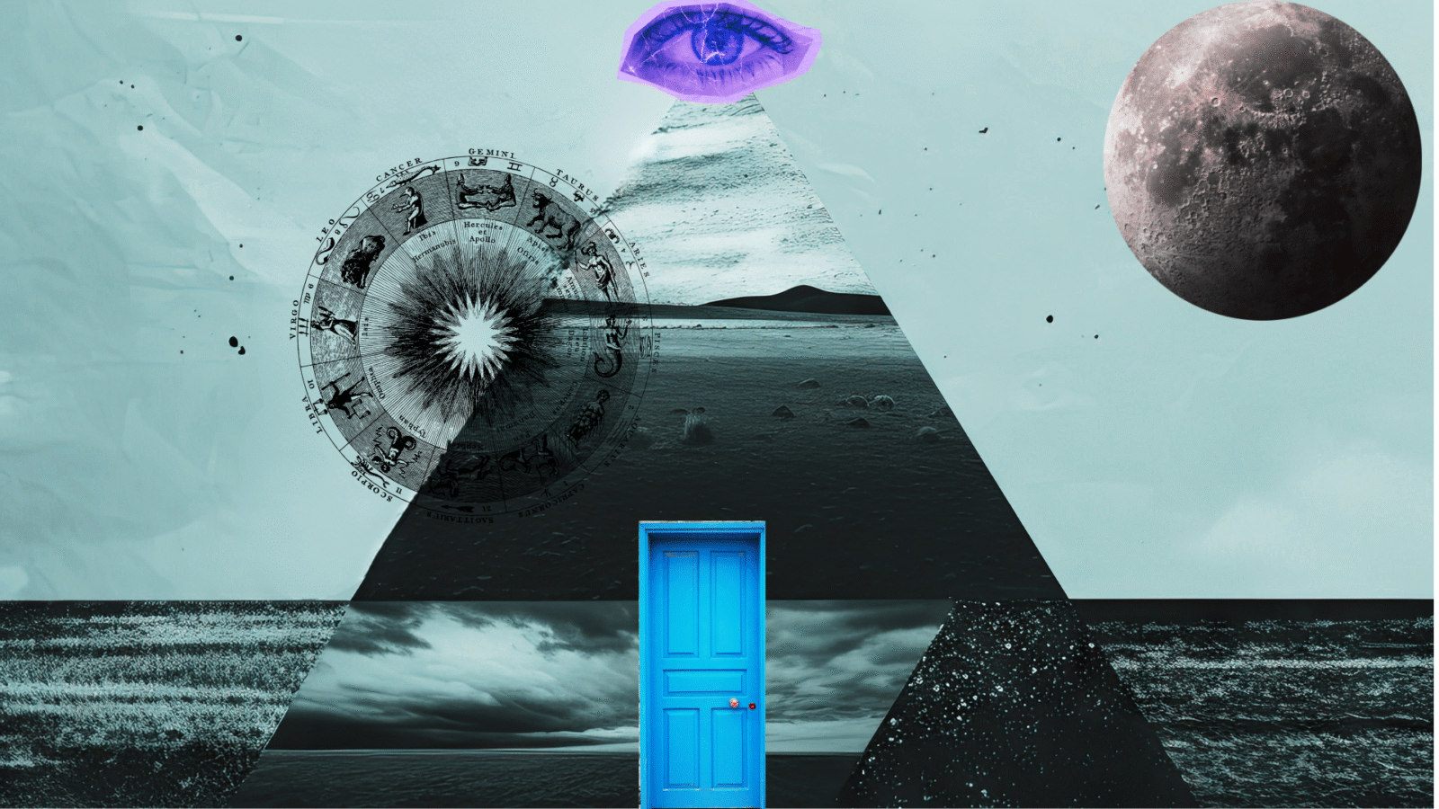 Collage of a pyramid and a door and zodiac and Moon