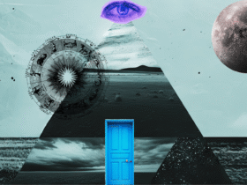 Collage of a pyramid and a door and zodiac and Moon