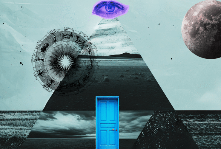 Collage of a pyramid and a door and zodiac and Moon