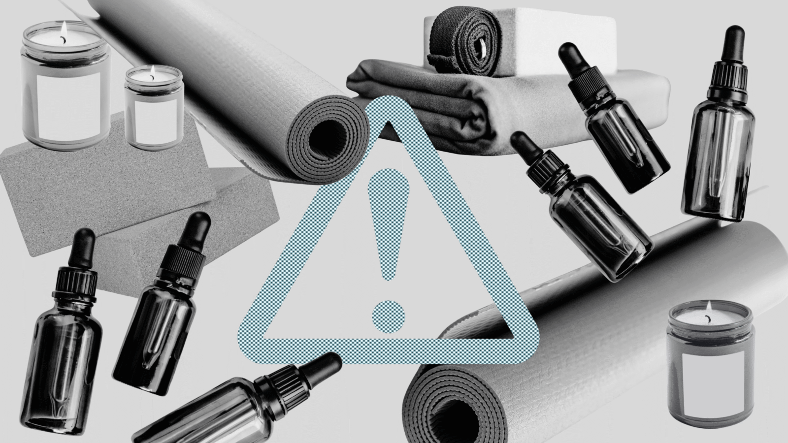 Yoga props like yoga mats, blocks, blankets, essential oils, and candles with a toxic chemicals sign