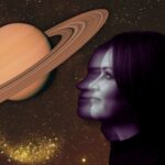 Woman staring at illustration of Saturn return.