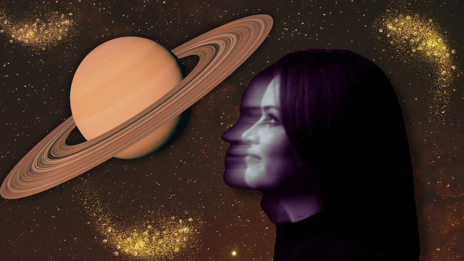 Woman staring at illustration of Saturn return.