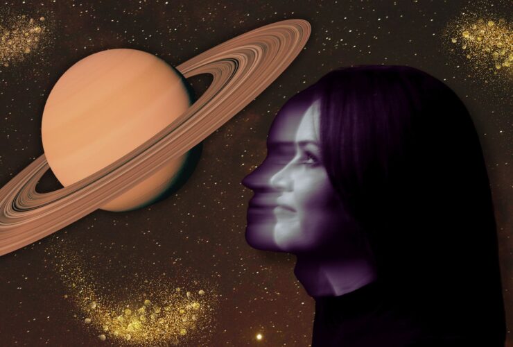 Woman staring at illustration of Saturn return.