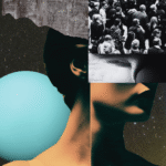 Collage depicting the silhouette of a woman's head against a backdrop of the night sky with crowds of people and newspaper headlines in her thoughts