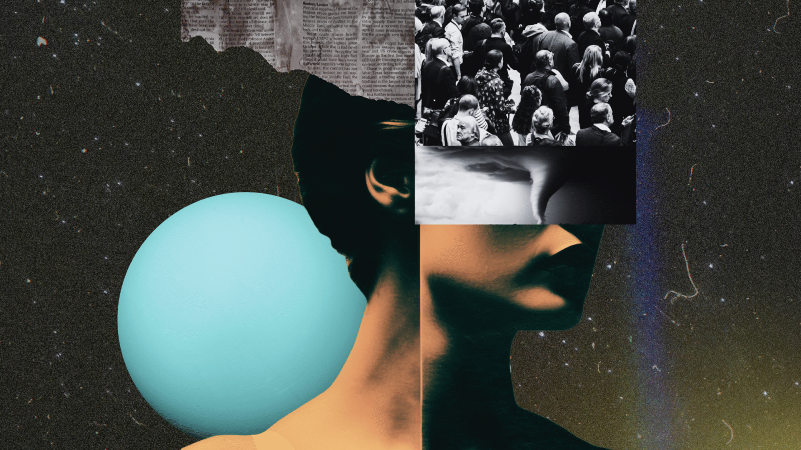 Collage depicting the silhouette of a woman's head against a backdrop of the night sky with crowds of people and newspaper headlines in her thoughts