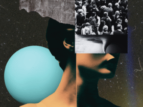 Collage depicting the silhouette of a woman's head against a backdrop of the night sky with crowds of people and newspaper headlines in her thoughts