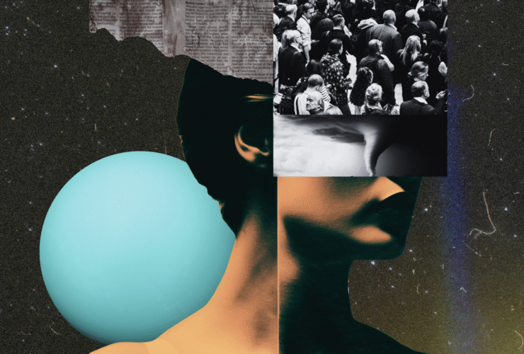 Collage depicting the silhouette of a woman's head against a backdrop of the night sky with crowds of people and newspaper headlines in her thoughts