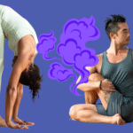 A woman in Forward Bend and a man in a seated twist, two yoga poses for bloating