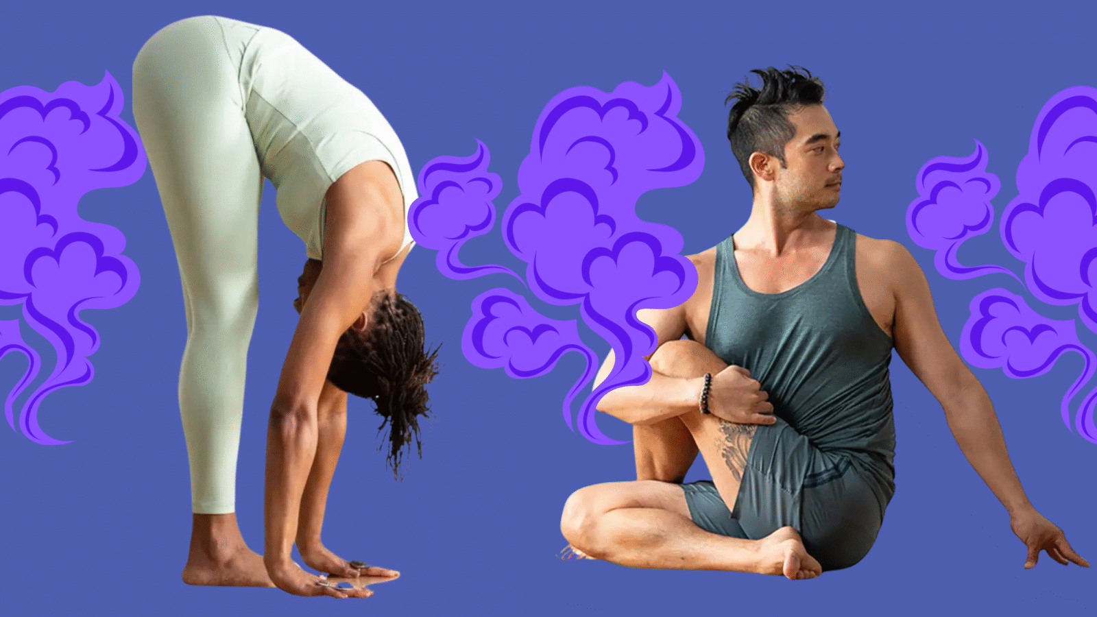 A woman in Forward Bend and a man in a seated twist, two yoga poses for bloating