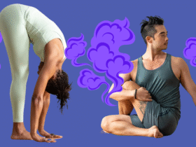 A woman in Forward Bend and a man in a seated twist, two yoga poses for bloating