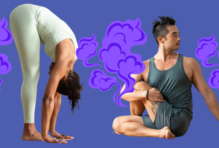 A woman in Forward Bend and a man in a seated twist, two yoga poses for bloating
