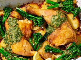 Glazed chicken legs with Dijon butter, capers & crispy potatoes recipe