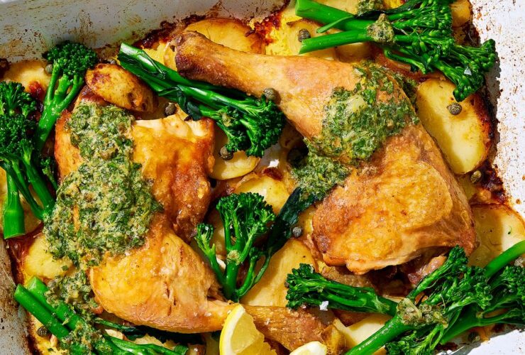 Glazed chicken legs with Dijon butter, capers & crispy potatoes recipe