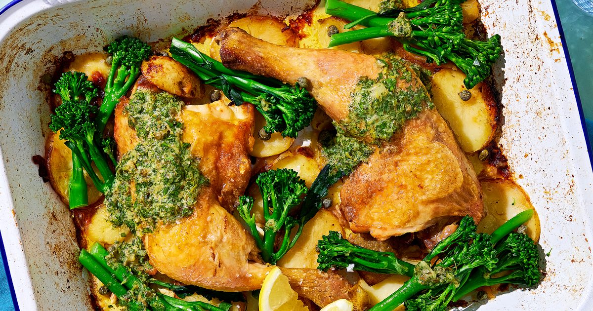 Glazed chicken legs with Dijon butter, capers & crispy potatoes recipe