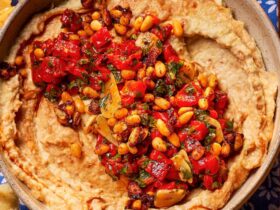 Harissa, roasted pepper & candied pine nut hummus recipe