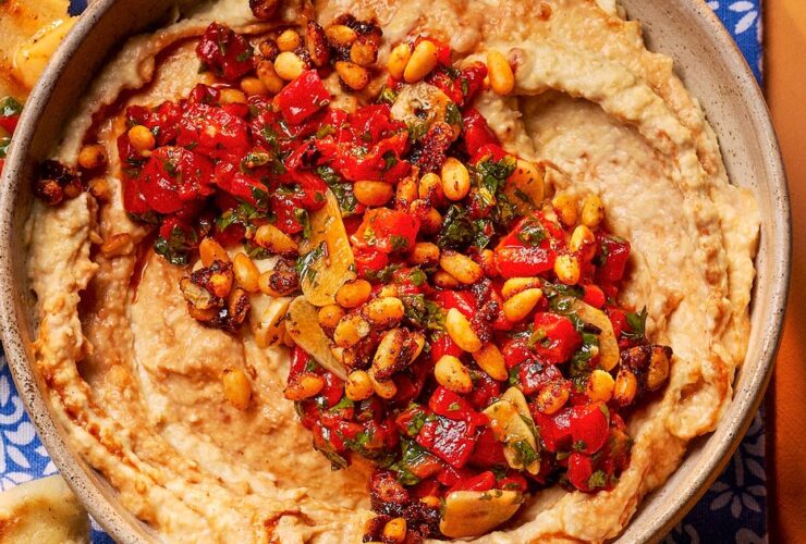 Harissa, roasted pepper & candied pine nut hummus recipe