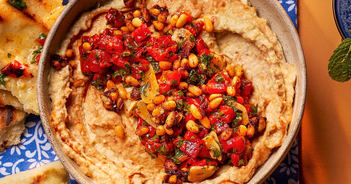 Harissa, roasted pepper & candied pine nut hummus recipe
