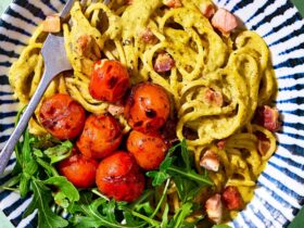 Pesto carbonara with balsamic burst tomatoes recipe