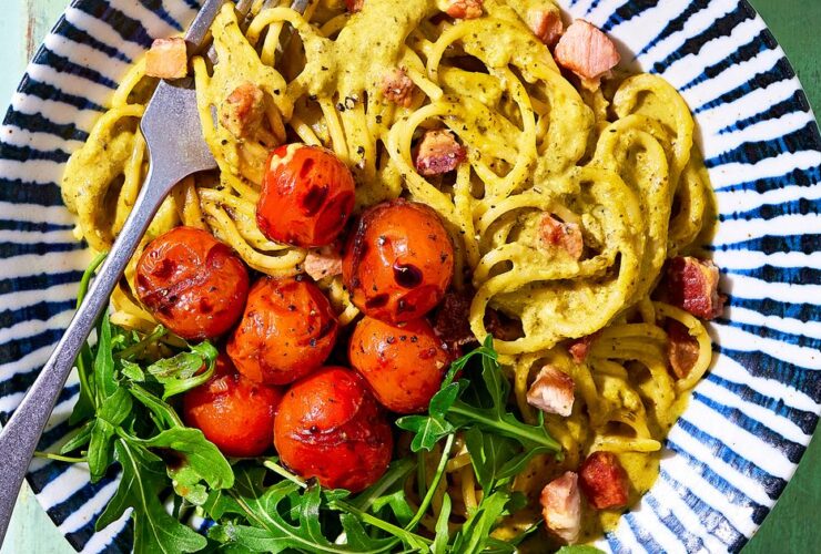 Pesto carbonara with balsamic burst tomatoes recipe
