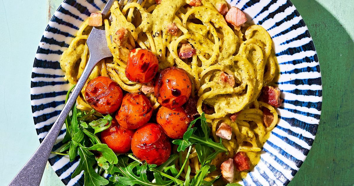 Pesto carbonara with balsamic burst tomatoes recipe