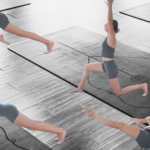Collage of a background of yoga mats on a hardwood floor plus images of Yoga With Kassandra practicing yoga for core strength poses